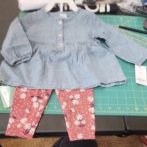 Nwt Sz 9-12 Months Carter's Denim-look Baby Tunic with Pink Floral Leggings